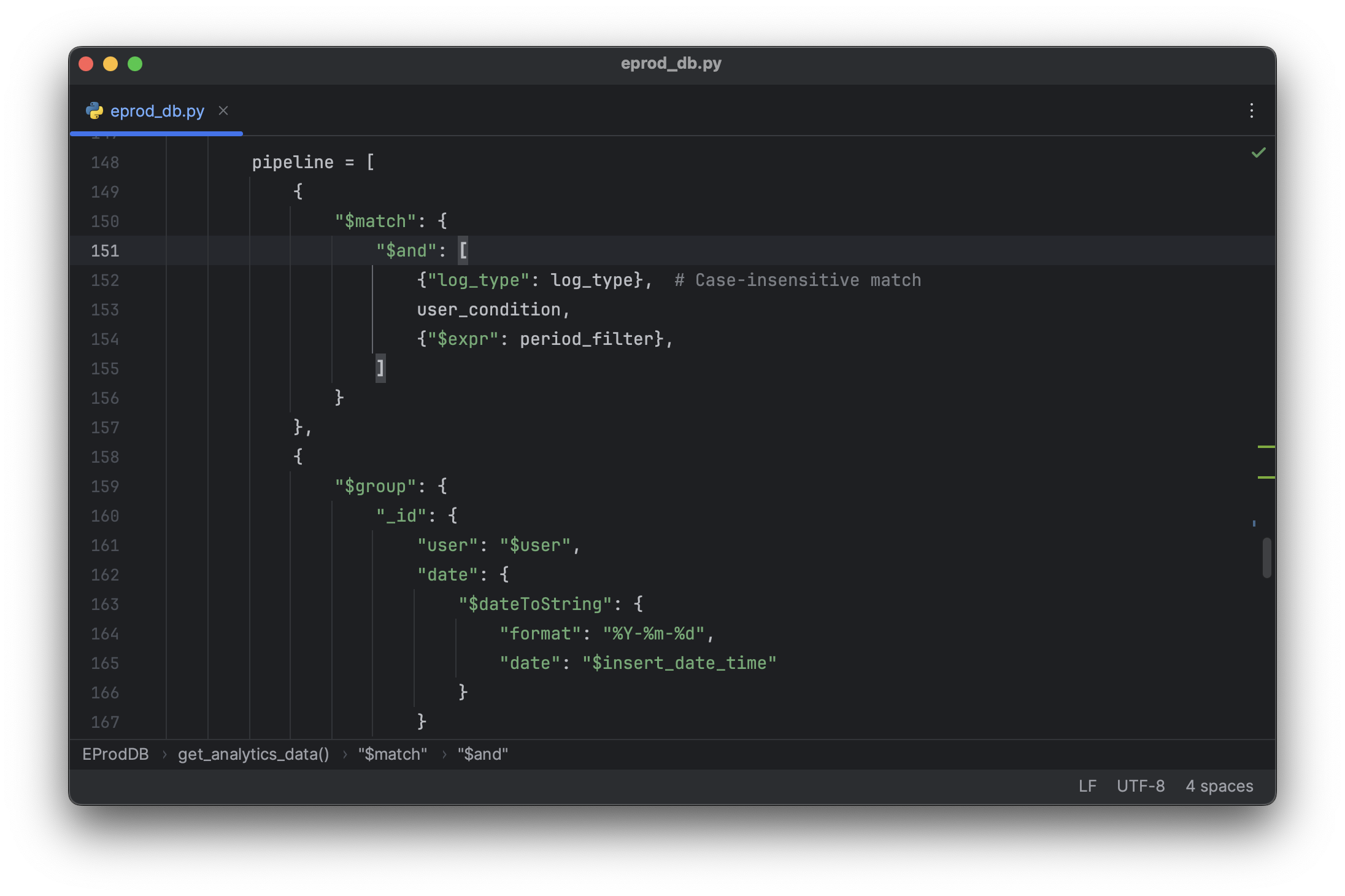 Simple yet sophisticated aggregation pipeline created to retrieve data for analytics. The aggregation pipeline in MongoDB, when used with PyMongo, offers a robust framework for data transformation and analysis within the database layer, significantly reducing the need for additional processing in Python. It streamlines complex data processing tasks by allowing for the execution of a series of data manipulation and transformation operations in a single, server-side process.